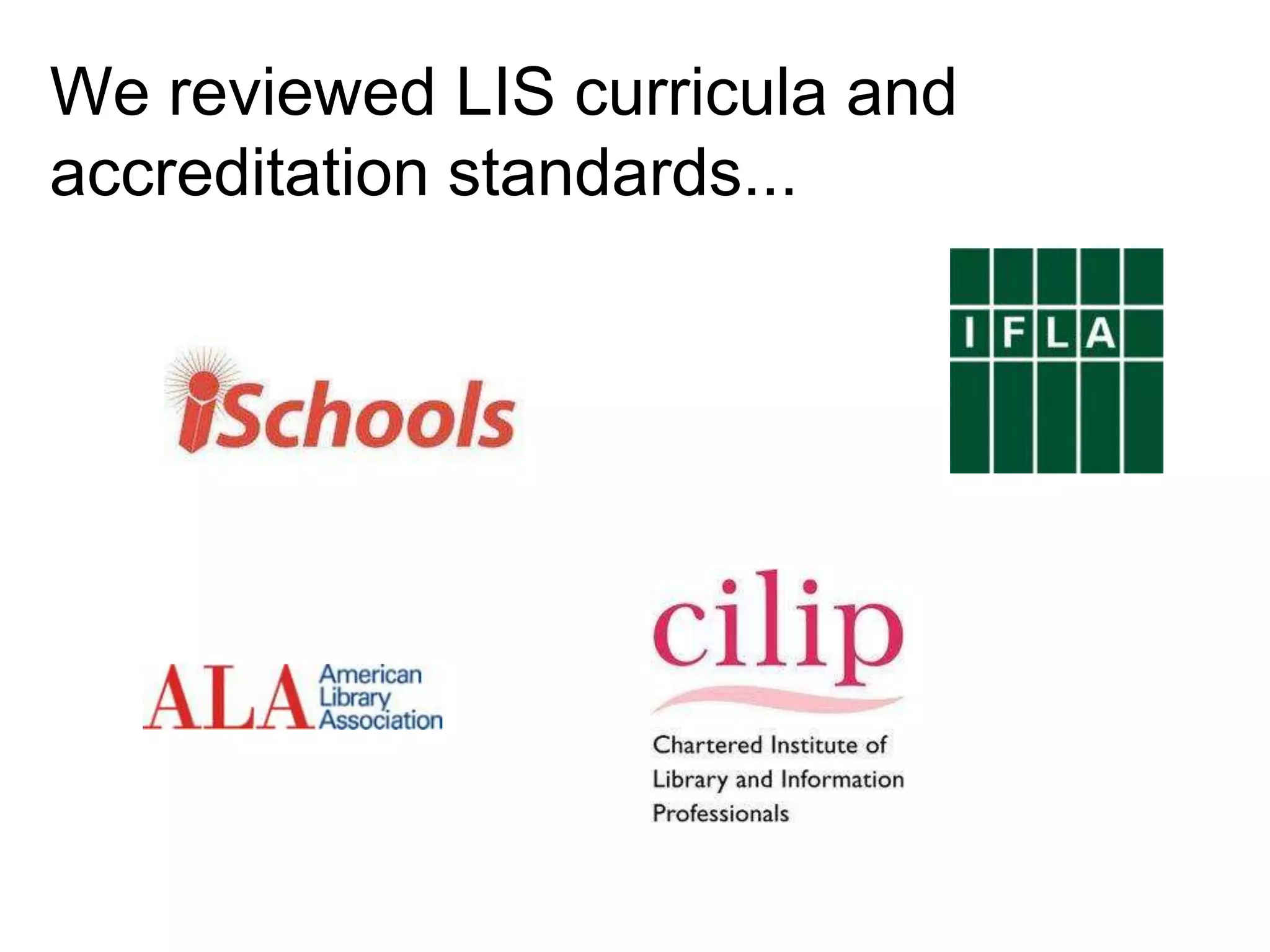 We reviewed LIS curricula and
accreditation standards...

 
