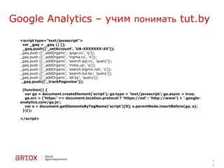 Google Analytics – учим понимать tut.by
<script type="text/javascript">
var _gaq = _gaq || [];
_gaq.push(['_setAccount', 'UA-XXXXXXX-XX']);
_gaq.push (['_addOrganic', 'gogo.ru', 'q']);
_gaq.push (['_addOrganic', 'nigma.ru', 's']);
_gaq.push (['_addOrganic', 'search.qip.ru', 'query']);
_gaq.push (['_addOrganic', 'meta.ua', 'q']);
_gaq.push (['_addOrganic', 'search.bigmir.net', 'z']);
_gaq.push (['_addOrganic', 'search.tut.by', 'query']);
_gaq.push (['_addOrganic', 'all.by', 'query']);
_gaq.push(['_trackPageview']);
(function() {
var ga = document.createElement('script'); ga.type = 'text/javascript'; ga.async = true;
ga.src = ('https:' == document.location.protocol ? 'https://ssl' : 'http://www') + '.googleanalytics.com/ga.js';
var s = document.getElementsByTagName('script')[0]; s.parentNode.insertBefore(ga, s);
})();
</script>

1
2

 