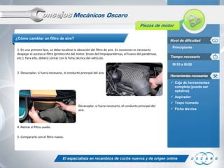 ¿Cómo cambiar un filtro de aire?
1. En una primera fase, se debe localizar la ubicación del filtro de aire. En ocasiones es necesario
despejar el acceso al filtro (protección del motor, brazo del limpiaparabrisas, el hueco del parabrisas,
etc.). Para ello, deberá contar con la ficha técnica del vehículo.

Principiante

0h10 a 0h30
2. Desacoplar, si fuera necesario, el conducto principal del aire.
 Caja de herramientas
completa (puede ser
optativo)
 Aspirador
Desacoplar, si fuera necesario, el conducto principal del
aire.

4. Retirar el filtro usado.
5. Compararlo con el filtro nuevo.

 Trapo húmedo

 Ficha técnica

 
