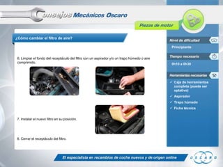 ¿Cómo cambiar el filtro de aire?
Principiante
6. Limpiar el fondo del receptáculo del filtro con un aspirador y/o un trapo húmedo o aire
comprimido.

0h10 a 0h30

 Caja de herramientas
completa (puede ser
optativo)
 Aspirador
 Trapo húmedo

 Ficha técnica
7. Instalar el nuevo filtro en su posición.

8. Cerrar el receptáculo del filtro.

 