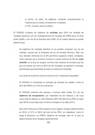 -

el 22,5%, en peso, de plásticos, contando exclusivamente el
material que se vuelva a transformar en plástico.

-

el 15%, en peso, para la madera.

El PIGRUG compara los objetivos de reciclaje para 2016 (en realidad de
recogida selectiva) con los verdaderamente de reciclaje del PNRU para 10 años
antes (2006) y con los de la Directiva para 2008. En el cuadro adjunto se puede
observar que
-

los objetivos de recogida selectiva no se pueden comparar con los de
reciclaje, (quizás con la excepción de los de envases férricos). Sólo una
muy elevada eficiencia de la RS permitiría equiparar ambos conceptos.
Como ejemplo de lo contrario tenemos el actual sistema de RS del cubo
amarillo, en el que se recogen muchos más residuos de envases que los
que se reciclan (en torno al 50% de los recogidos se destinan a reciclaje,
ignorándose qué porcentaje de éstos es realmente reciclado).
Las cifras de la primera columna sufrirían así un descenso apreciable.

-

El PIGRUG no contempla el reciclado de envases de madera, frente al
50% del PNRU y el 15% de la Directiva.

-

El PIGRUG contiene otra extensa y confusa tabla (Tabla 37) con los
objetivos de recuperación, por materiales de los residuos y de cuya
suma total se obtiene un valor diferente (38% del total de los RSU en peso
para 2016) al que figura por el mismo concepto en la tabla (37%).

-

Esta cifra indica que el Plan propone como objetivo recoger selectivamente
en 2016, el 37% (ó 38%) del total de los RSU, sin establecer, como lo
exige la Directiva y el PNRU, objetivos de reciclaje, esto es, lo que se
deberá reciclar de lo recogido selectivamente.
592

 