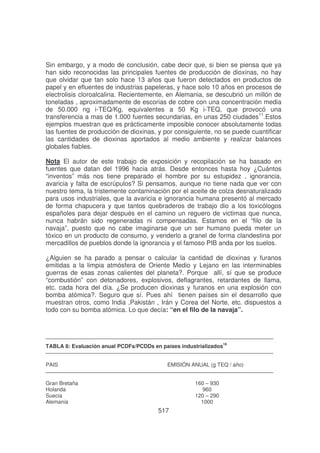 Sin embargo, y a modo de conclusión, cabe decir que, si bien se piensa que ya
han sido reconocidas las principales fuentes de producción de dioxinas, no hay
que olvidar que tan solo hace 13 años que fueron detectados en productos de
papel y en efluentes de industrias papeleras, y hace solo 10 años en procesos de
electrolisis cloroalcalina. Recientemente, en Alemania, se descubrió un millón de
toneladas , aproximadamente de escorias de cobre con una concentración media
de 50.000 ng i-TEQ/Kg, equivalentes a 50 Kg i-TEQ, que provocó una
transferencia a mas de 1.000 fuentes secundarias, en unas 250 ciudades11.Estos
ejemplos muestran que es prácticamente imposible conocer absolutamente todas
las fuentes de producción de dioxinas, y por consiguiente, no se puede cuantificar
las cantidades de dioxinas aportados al medio ambiente y realizar balances
globales fiables.
Nota El autor de este trabajo de exposición y recopilación se ha basado en
fuentes que datan del 1996 hacia atrás. Desde entonces hasta hoy ¿Cuántos
“inventos” más nos tiene preparado el hombre por su estupidez , ignorancia,
avaricia y falta de escrúpulos? Si pensamos, aunque no tiene nada que ver con
nuestro tema, la tristemente contaminación por el aceite de colza desnaturalizado
para usos industriales, que la avaricia e ignorancia humana presentó al mercado
de forma chapucera y que tantos quebraderos de trabajo dio a los toxicólogos
españoles para dejar después en el camino un reguero de victimas que nunca,
nunca habrán sido regeneradas ni compensadas. Estamos en el “filo de la
navaja”, puesto que no cabe imaginarse que un ser humano pueda meter un
tóxico en un producto de consumo, y venderlo a granel de forma clandestina por
mercadillos de pueblos donde la ignorancia y el famoso PIB anda por los suelos.
¿Alguien se ha parado a pensar o calcular la cantidad de dioxinas y furanos
emitidas a la limpia atmósfera de Oriente Medio y Lejano en las interminables
guerras de esas zonas calientes del planeta?. Porque allí, sí que se produce
“combustión” con detonadores, explosivos, deflagrantes, retardantes de llama,
etc. cada hora del día. ¿Se producen dioxinas y furanos en una explosión con
bomba atómica?. Seguro que sí. Pues ahí tienen países sin el desarrollo que
muestran otros, como India ,Pakistán , Irán y Corea del Norte, etc. dispuestos a
todo con su bomba atómica. Lo que decía: “en el filo de la navaja”.

TABLA 8: Evaluación anual PCDFs/PCDDs en países industrializados16
PAIS

EMISIÓN ANUAL (g TEQ / año)

Gran Bretaña
Holanda
Suecia
Alemania

160 – 930
960
120 – 290
1000

517

 