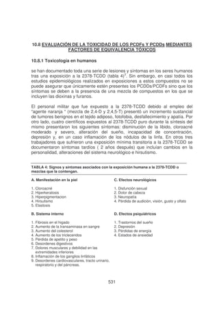 10.8 EVALUACIÓN DE LA TOXICIDAD DE LOS PCDFs Y PCDDs MEDIANTES
FACTORES DE EQUIVALENCIA TÓXICOS
10.8.1 Toxicología en humanos
se han documentado toda una serie de lesiones y síntomas en los seres humanos
tras una exposición a la 2378-TCDD (tabla 4)3. Sin embargo, en casi todos los
estudios epidemiológicos realizados en exposiciones a estos compuestos no se
puede asegurar que únicamente estén presentes los PCDDs/PCDFs sino que los
síntomas se deben a la presencia de una mezcla de compuestos en los que se
incluyen las dioxinas y furanos.
El personal militar que fue expuesto a la 2378-TCDD debido al empleo del
“agente naranja “ (mezcla de 2,4-D y 2,4,5-T) presentó un incremento sustancial
de tumores benignos en el tejido adiposo, fotofobia, desfallecimiento y apatía. Por
otro lado, cuatro científicos expuestos al 2378-TCDD puro durante la síntesis del
mismo presentaron los siguientes síntomas: disminución de la libido, cloroacné
moderado y severo, alteración del sueño, incapacidad de concentración,
depresión y, en un caso inflamación de los nódulos de la linfa. En otros tres
trabajadores que sufrieron una exposición mínima transitoria a la 2378-TCDD se
documentaron síntomas tardíos ( 2 años después) que incluían cambios en la
personalidad, alteraciones del sistema neurológico e hirsutismo.
TABLA 4: Signos y síntomas asociados con la exposición humana a la 2378-TCDD o
mezclas que la contengan.
A. Manifestación en la piel

C. Efectos neurológicos

1. Cloroacné
2. Hiperkeratosis
3. Hiperpigmentacion
4. Hirsutismo
5. Elastosis

1. Disfunción sexual
2. Dolor de cabeza
3. Neuropatía
4. Pérdida de audición, visión, gusto y olfato

B. Sistema interno

D. Efectos psiquiátricos

1. Fibrosis en el higado
2. Aumento de la transaminasa en sangre
3. Aumento del colesterol
4. Aumento de los tricleceridos
5. Pérdida de apetito y peso
6. Desordenes digestivos
7. Dolores musculares y debilidad en las
extremidades inferiores
8. Inflamación de los ganglios linfáticos
9. Desordenes cardiovasculares, tracto urinario,
respiratorio y del páncreas.

1. Trastornos del sueño
2. Depresión
3. Pérdidas de energía
4. Estados de ansiedad

531

 