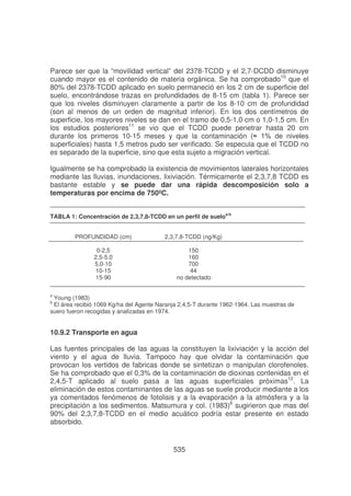 Parece ser que la “movilidad vertical” del 2378-TCDD y el 2,7-DCDD disminuye
cuando mayor es el contenido de materia orgánica. Se ha comprobado10 que el
80% del 2378-TCDD aplicado en suelo permaneció en los 2 cm de superficie del
suelo, encontrándose trazas en profundidades de 8-15 cm (tabla 1). Parece ser
que los niveles disminuyen claramente a partir de los 8-10 cm de profundidad
(son al menos de un orden de magnitud inferior). En los dos centímetros de
superficie, los mayores niveles se dan en el tramo de 0,5-1,0 cm o 1,0-1,5 cm. En
los estudios posteriores11 se vio que el TCDD puede penetrar hasta 20 cm
durante los primeros 10-15 meses y que la contaminación (
6
superficiales) hasta 1,5 metros pudo ser verificado. Se especula que el TCDD no
es separado de la superficie, sino que esta sujeto a migración vertical.
Igualmente se ha comprobado la existencia de movimientos laterales horizontales
mediante las lluvias, inundaciones, lixiviación. Térmicamente el 2,3,7,8 TCDD es
bastante estable y se puede dar una rápida descomposición solo a
temperaturas por encima de 750ºC.
TABLA 1: Concentración de 2,3,7,8-TCDD en un perfil de sueloa-b
PROFUNDIDAD (cm)

2,3,7,8-TCDD (ng/Kg)

0-2,5
2,5-5.0
5,0-10
10-15
15-90

150
160
700
44
no detectado

a

Young (1983)
El área recibió 1069 Kg/ha del Agente Naranja 2,4,5-T durante 1962-1964. Las muestras de
suero fueron recogidas y analizadas en 1974.
b

10.9.2 Transporte en agua
Las fuentes principales de las aguas la constituyen la lixiviación y la acción del
viento y el agua de lluvia. Tampoco hay que olvidar la contaminación que
provocan los vertidos de fabricas donde se sintetizan o manipulan clorofenoles.
Se ha comprobado que el 0,3% de la contaminación de dioxinas contenidas en el
2,4,5-T aplicado al suelo pasa a las aguas superficiales próximas12. La
eliminación de estos contaminantes de las aguas se suele producir mediante a los
ya comentados fenómenos de fotolisis y a la evaporación a la atmósfera y a la
precipitación a los sedimentos. Matsumura y col. (1983)6 sugirieron que mas del
90% del 2,3,7,8-TCDD en el medio acuático podría estar presente en estado
absorbido.

535

 