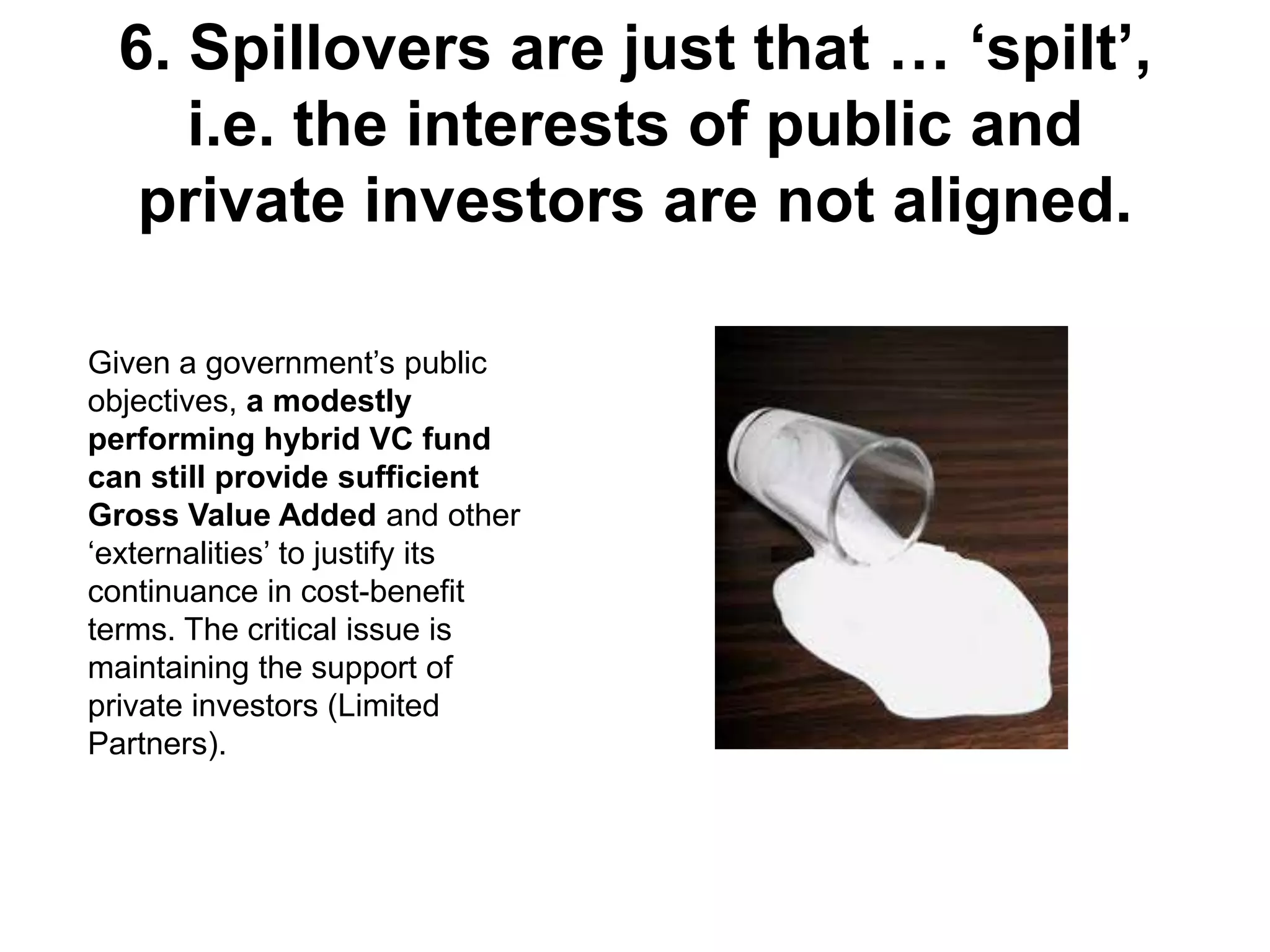 6. Spillovers are just that … ‘spilt’,
i.e. the interests of public and
private investors are not aligned.
Given a government’s public
objectives, a modestly
performing hybrid VC fund
can still provide sufficient
Gross Value Added and other
‘externalities’ to justify its
continuance in cost-benefit
terms. The critical issue is
maintaining the support of
private investors (Limited
Partners).

 