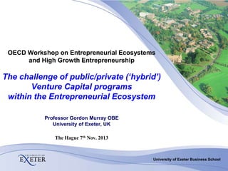 OECD Workshop on Entrepreneurial Ecosystems
and High Growth Entrepreneurship

The challenge of public/private (‘hybrid’)
Venture Capital programs
within the Entrepreneurial Ecosystem
Professor Gordon Murray OBE
University of Exeter, UK
The Hague 7th Nov. 2013

University of Exeter Business School

 
