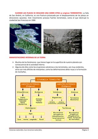 CUANDO LAS PLACAS SE DESLIZAN UNA SOBRE OTRA se originan TERREMOTOS. La falla
de San Andrés, en California, es una fractura provocada por el desplazamiento de las placas en
direcciones opuestas. Este movimiento provoca fuertes terremotos, como el que destruyó la
ciudad de San Francisco en 1906

MANIFESTACIONES INTERNAS DE LA TIERRA
 Muchos de los fenómenos que tienen lugar en la superficie de nuestro planeta son
consecuencia de la actividad interna.
 Algunos de ellos como las erupciones volcánicas o los terremotos, son muy evidentes,
otros son más difíciles de interpretar, como las deformaciones delas rocas o la formación
de montañas.

Ciencias naturales. Los recursos naturales.

Página 4

 