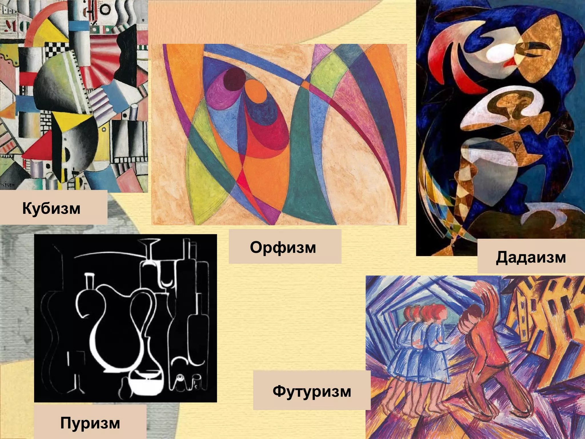 Кубизм
Орфизм

Футуризм
Пуризм

Дадаизм

 