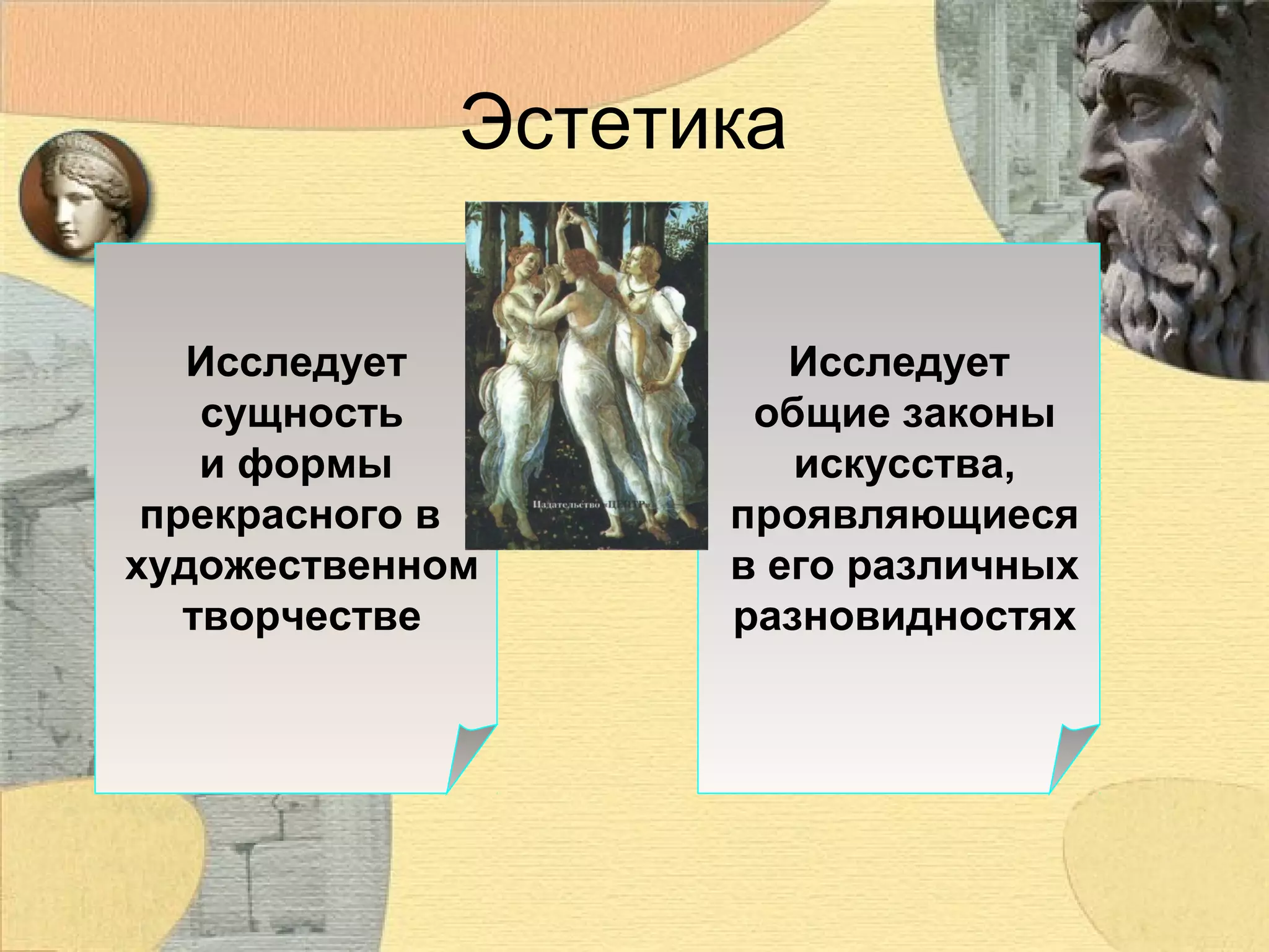Эстетика
Исследует
сущность
и формы
прекрасного в
художественном
творчестве

Исследует
общие законы
искусства,
проявляющиеся
в его различных
разновидностях

 