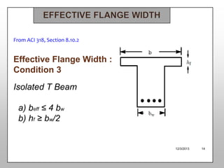 From ACI 318, Section 8.10.2

Effective Flange Width :
Condition 3
Isolated T Beam
a) beff ≤ 4 bw
b) hf ≥ bw/2

12/3/2013

14

 