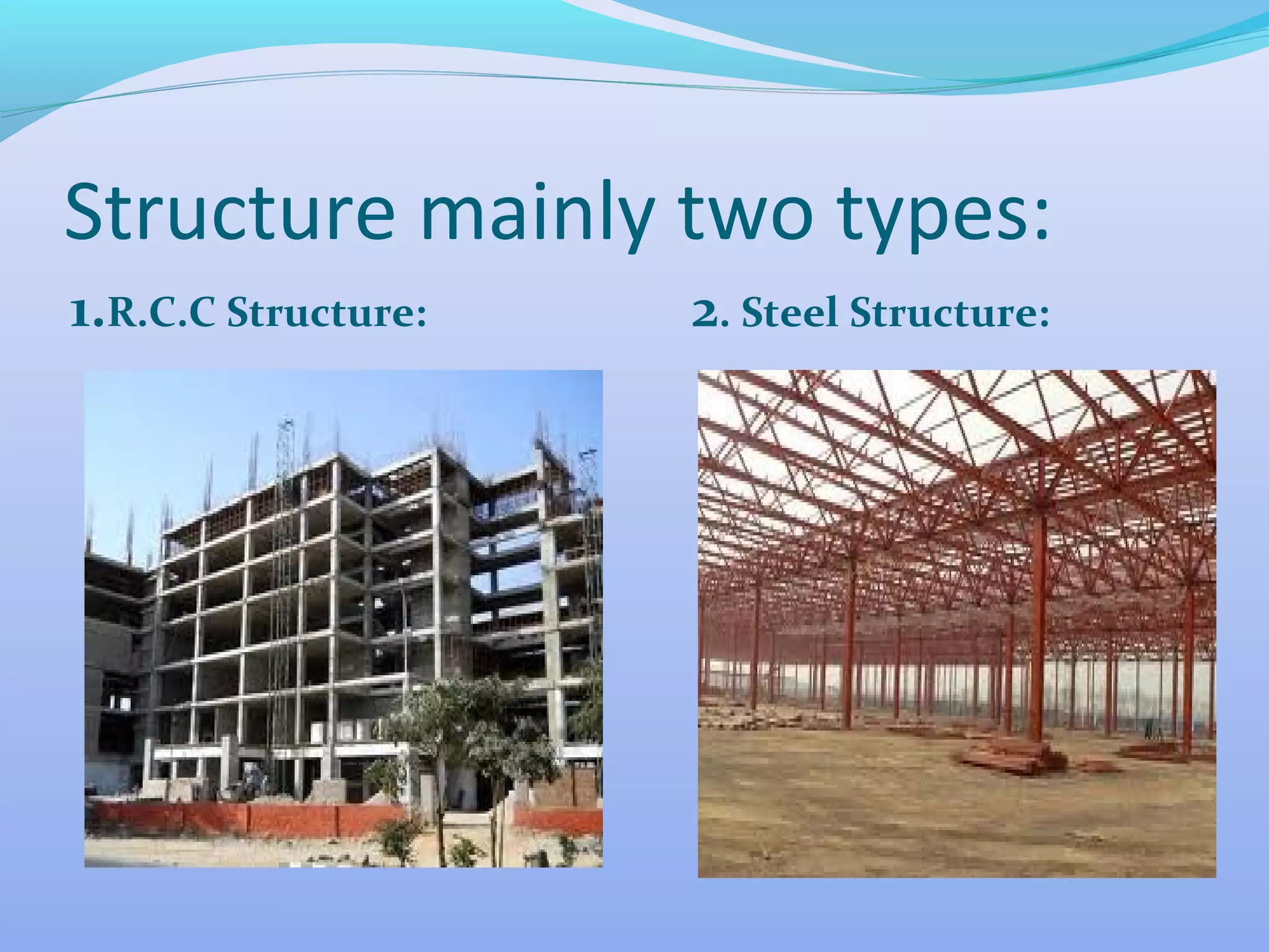 Structure mainly two types:
1.R.C.C Structure:

2. Steel Structure:

 