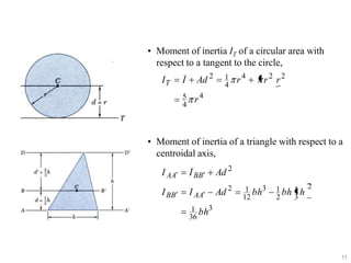 • Moment of inertia IT of a circular area with
respect to a tangent to the circle,

I

Ad 2

5
4

IT

r4

1
4

r4

r2 r2

• Moment of inertia of a triangle with respect to a
centroidal axis,
I AA
I BB

I BB

Ad 2

I AA

2

Ad

1 bh3
12

1 bh 1 h 2
2
3

1 bh3
36

11

 