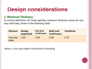 1- Minimum Thickness:
To control deflection, ACI Code specifies minimum thickness values for oneway solid slabs, shown in the following Table.
Element

Simply
supported

One End
continuous

Both end
continuous

Cantilever

One way
slabs

L/20

L/24

L/28

L/10

Where L is the span length in the direction of bending.

 
