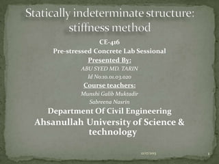 CE-416
Pre-stressed Concrete Lab Sessional
Presented By:
ABU SYED MD. TARIN
Id No:10.01.03.020

Course teachers:
Munshi Galib Muktadir
Sabreena Nasrin

Department Of Civil Engineering

Ahsanullah University of Science &
technology
12/17/2013

1

 