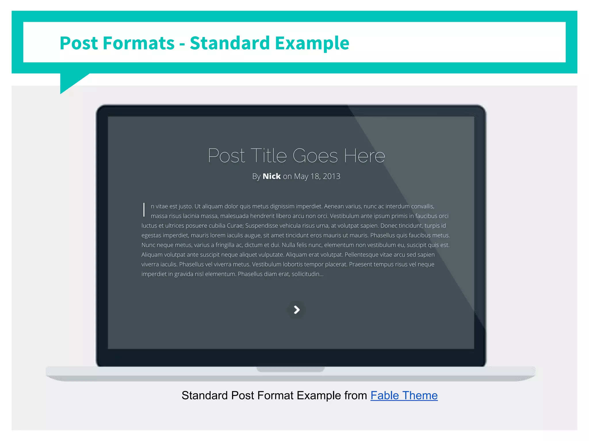 Post Formats - Standard Example
Standard Post Format Example from Fable Theme
 