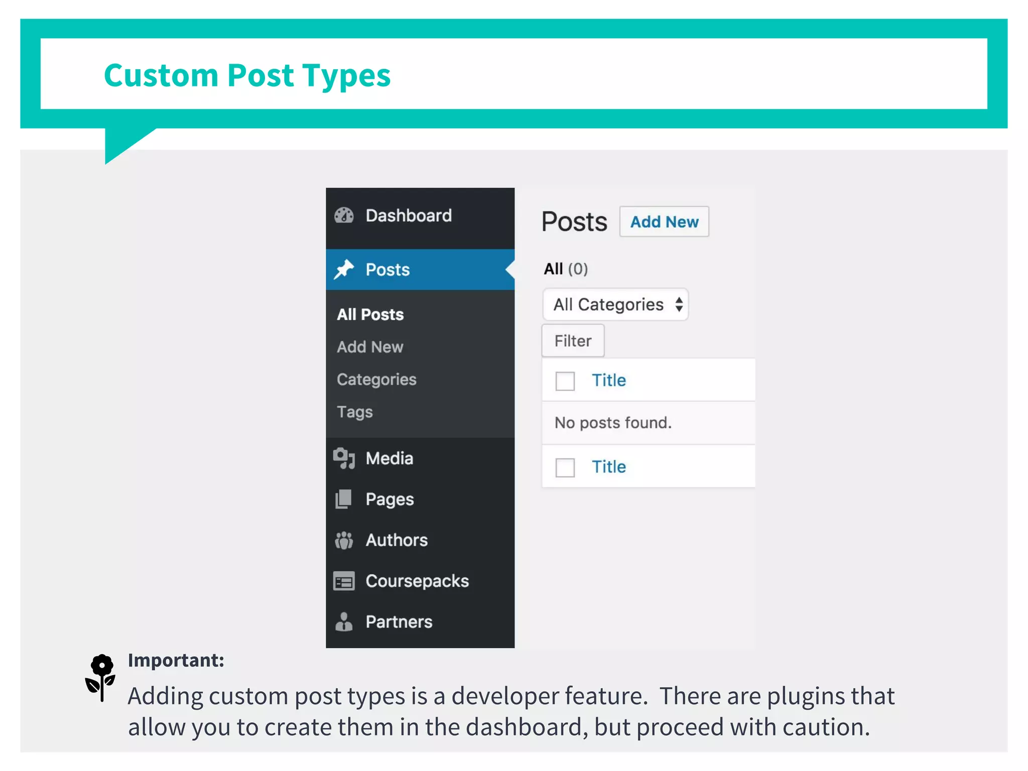 Important:
Adding custom post types is a developer feature. There are plugins that
allow you to create them in the dashboard, but proceed with caution.
Custom Post Types
 