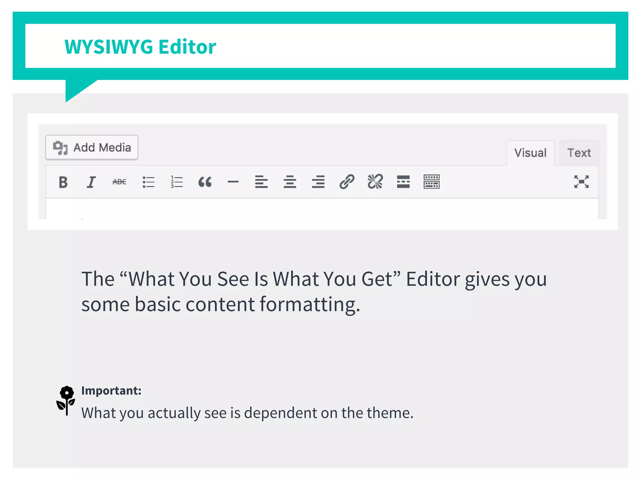 The “What You See Is What You Get” Editor gives you
some basic content formatting.
Important:
What you actually see is dependent on the theme.
WYSIWYG Editor
 