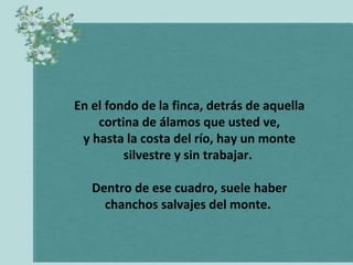 En el fondo de la finca, detrás de aquella
cortina de álamos que usted ve,
y hasta la costa del río, hay un monte
silvestre y sin trabajar.
Dentro de ese cuadro, suele haber
chanchos salvajes del monte.

 