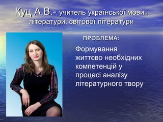 Куц А.В.- учитель української мови і
літератури, світової літератури
ПРОБЛЕМА:

Формування
життєво необхідних
компетенцій у
процесі аналізу
літературного твору

 