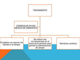 TRATAMIENTO

CONSEGUIR AYUDA
MEDICA DE INMEDIATO

El objetivo es reponer los
líquidos y la sangre.

Se coloca una
vía intravenosa en el
brazo de la persona para
permitir la administración
de sangre

Monitoreo cardíaco

 