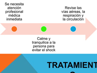 Se necesita
atención
profesional
médica
inmediata

Revise las
vías aéreas, la
respiración y
la circulación

Calme y
tranquilice a la
persona para
evitar el shock

TRATAMIENT

 