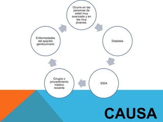 Ocurre en las
personas de
edad muy
avanzada y en
las muy
jóvenes.

Enfermedades
del aparato
genitourinario

Cirugía o
procedimiento
médico
reciente

Diabetes

SIDA

CAUSA

 