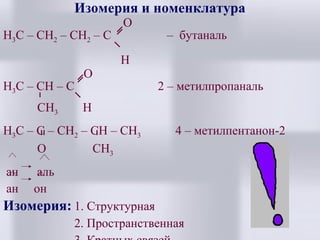 Изомерия и номенклатура
Н3С – СН2 – СН2 – С

O

– бутаналь

H
Н3С – СН – С
CH3

O
H

Н3С – С – СН2 – СН – CH3
O
CH3
ан
ан

2 – метилпропаналь
4 – метилпентанон-2

аль
он

Изомерия: 1. Структурная
2. Пространственная

 