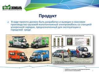 Продукт


В ходе проекта должен быть разработан и выведен в массовое
производство грузовой малотоннажный электромобиль со станцией
ускоренной зарядки, предназначенный для эксплуатации в
городской среде

Разработка и постановка на производство грузового
малотоннажного электромобиля

2

 