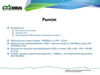 Рынок
 Потребители:
 Транспортные компании
 Торговые сети
 Производители FMCG (товары повседневного спроса)

 Объем рынка в мире сегодня -106000шт. и в РФ – 212шт.
 Объем рынка электромобилей к 2020 г. прогноз в мире 12 100 000шт./год, в РФ200 000шт./год
 Доля рынка грузовых электромобилей к 2020 г. в мире -20%, в РФ – 20% = 40 000
шт./год
 К 2020г. выход на проектную мощность – 12800шт. или в денежном выражении
309 760 000 $

Разработка и постановка на производство грузового
малотоннажного электромобиля

5

 