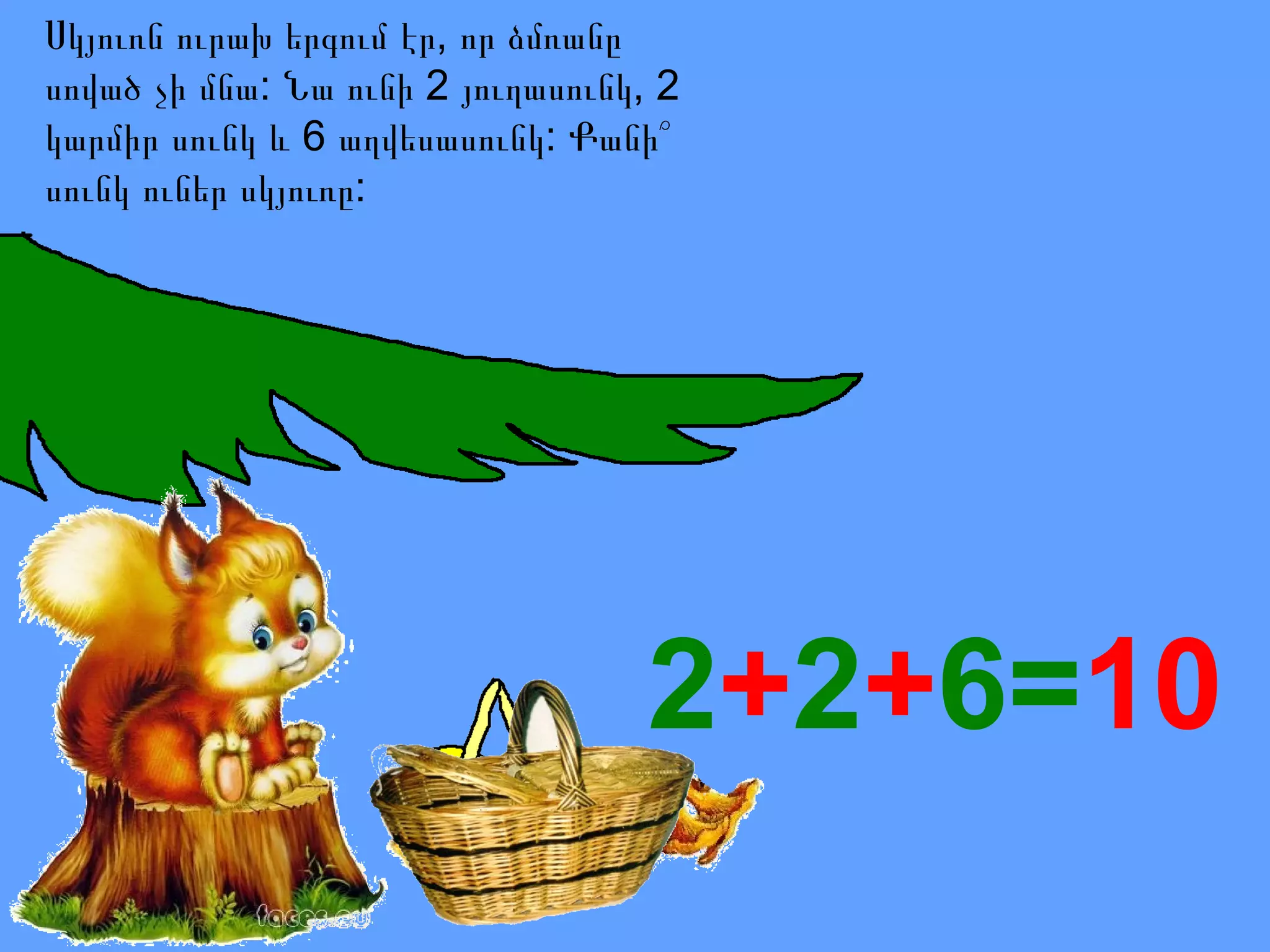 Սկյուռն ուրախ երգում էր, որ ձմռանը
սոված չի մնա: Նա ունի 2 յուղասունկ, 2
կարմիր սունկ և 6 աղվեսասունկ: Քանի՞
սունկ ուներ սկյուռը:

2+2+6=10

 