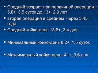 





Средний возраст при первичной операции
5,8+_3,5 суток до 13+_2,9 лет
вторая операция в среднем через 3,45
года
Средний койко-день 13,6+_3,4 дня



Минимальный койко-день 8,2+_1,5 суток



Максимальный койко-день- 41+_3,6 дня

 