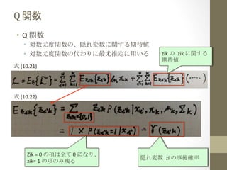 Q	
  関数	
 
•  Q	
  関数	
  
•  対数尤度関数の、隠れ変数に関する期待値	
  
•  対数尤度関数の代わりに最尤推定に用いる	
  
式	
  (10.21)	
  

zik	
  の	
 zik	
  に関する	
  
期待値	
 

式	
  (10.22)	
  

Zik	
  =	
  0	
  の項は全て	
  0	
  になり、
zik=	
  1	
  の項のみ残る	
 

隠れ変数	
 zi	
  の事後確率	
 

 