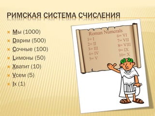 РИМСКАЯ СИСТЕМА СЧИСЛЕНИЯ
 Мы (1000)
 Dарим (500)
 Сочные (100)
 Lимоны (50)
 Хватит (10)
 Vсем (5)
 Iх (1)
 