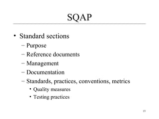 15
SQAP
• Standard sections
– Purpose
– Reference documents
– Management
– Documentation
– Standards, practices, conventions, metrics
• Quality measures
• Testing practices
 
