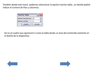 También desde este menú podemos seleccionar la opción insertar tabla , en donde podrás
indicar el numero de filas y columnas .
Así es el cuadro que aparecerá si creas la tabla desde un área del contenido existente en
el diseño de la diapositiva .
 