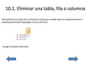 10.2. Eliminar una tabla, fila o columna
Para eliminar una tabla fila o columna lo único que se debe hacer es seleccionarla en la
pestaña presentación desplegar el menú eliminar.
Escoger la opción adecuada.
 