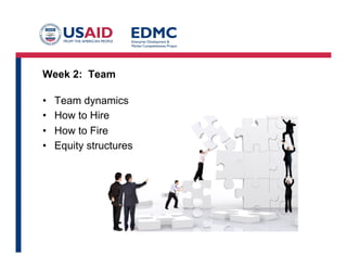 Week 2: Team
•  Team dynamics
•  How to Hire
•  How to Fire
•  Equity structures
 