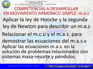 COMPETENCIAS A DESARROLLAR
EN MOVIMIENTO ARMONICO SIMPLE: m.a.s
Aplicar la ley de Hoocke y la segunda
ley de Newton para describir un m.a.s
Relacionar el m.c.u y el m.a.s. para
demostrar las ecuaciones del m.a.s.v
Aplicar las ecuaciones m.a.s. en la
solución de problemas relacionados con
sistemas masa-resorte y péndulos.
 