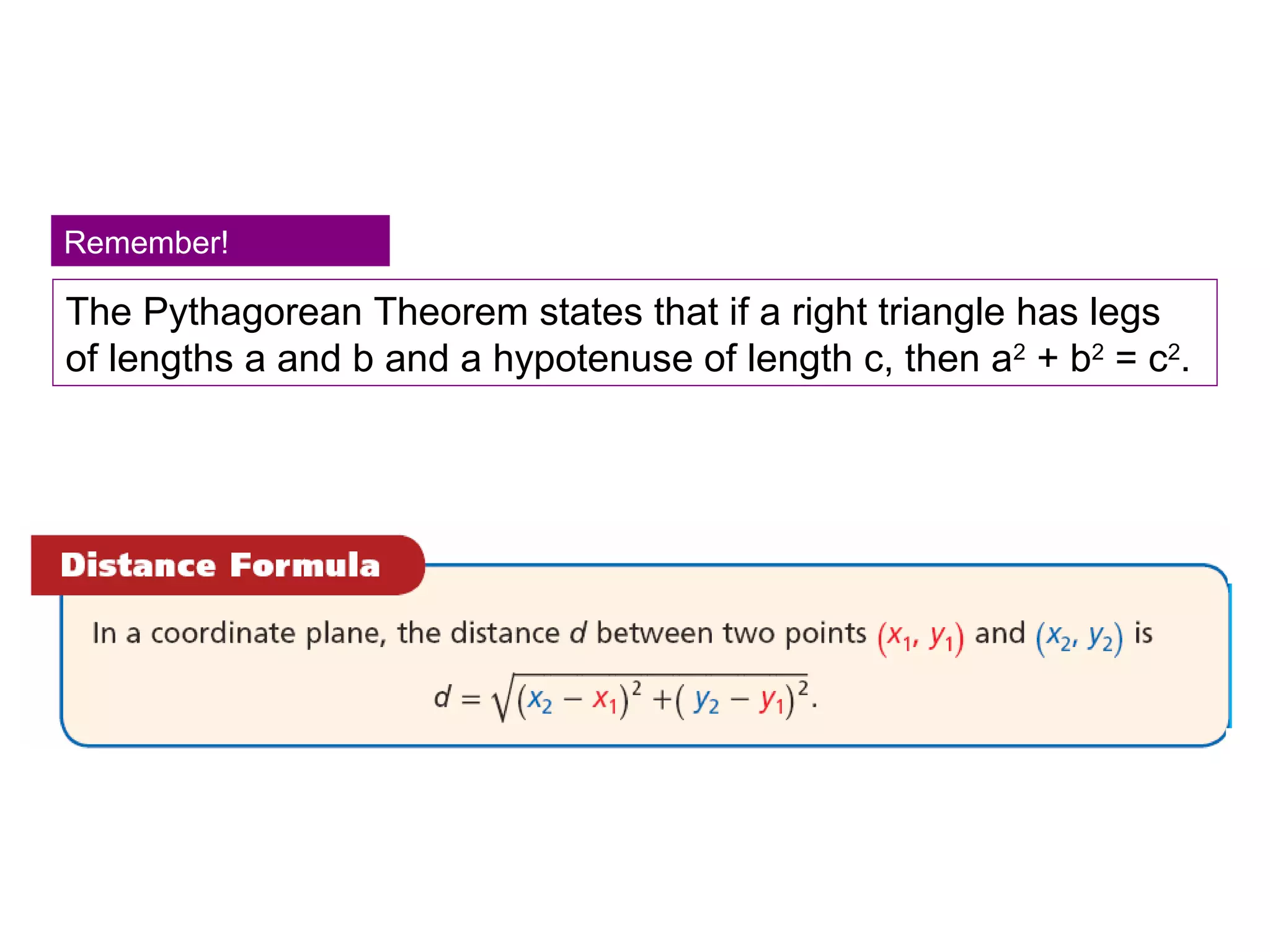 The Pythagorean Theorem states that if a right triangle has legs
of lengths a and b and a hypotenuse of length c, then a2
+ b2
= c2
.
Remember!
 