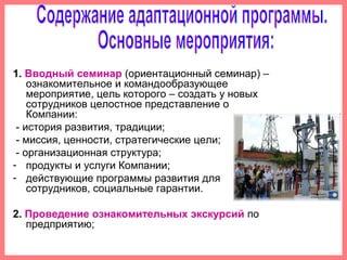 1. Вводный семинар (ориентационный семинар) –
ознакомительное и командообразующее
мероприятие, цель которого – создать у новых
сотрудников целостное представление о
Компании:
- история развития, традиции;
- миссия, ценности, стратегические цели;
- организационная структура;
- продукты и услуги Компании;
- действующие программы развития для
сотрудников, социальные гарантии.
2. Проведение ознакомительных экскурсий по
предприятию;
 