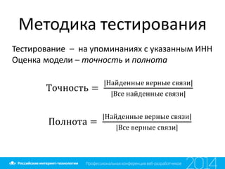 Методика тестирования
Тестирование – на упоминаниях с указанным ИНН
Оценка модели – точность и полнота
Точность =
|Найденные верные связи|
|Все найденные связи|
Полнота =
|Найденные верные связи|
|Все верные связи|
 