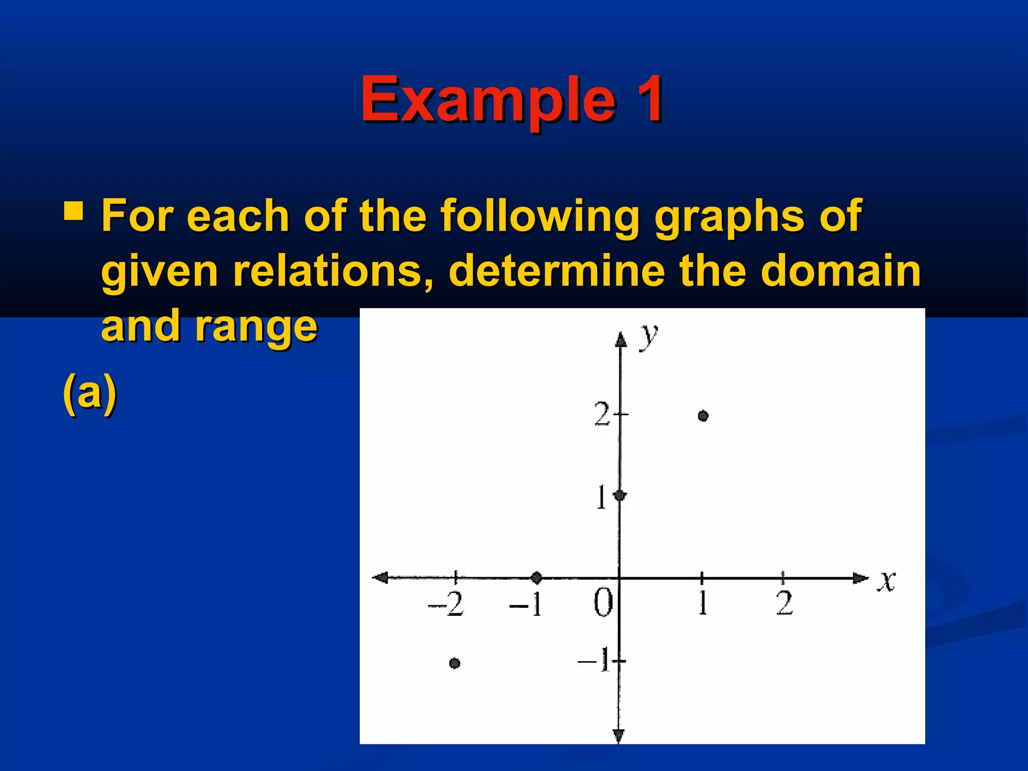 Example 1Example 1
 For each of the following graphs ofFor each of the following graphs of
given relations, determine the domaingiven relations, determine the domain
and rangeand range
(a)(a)
 
