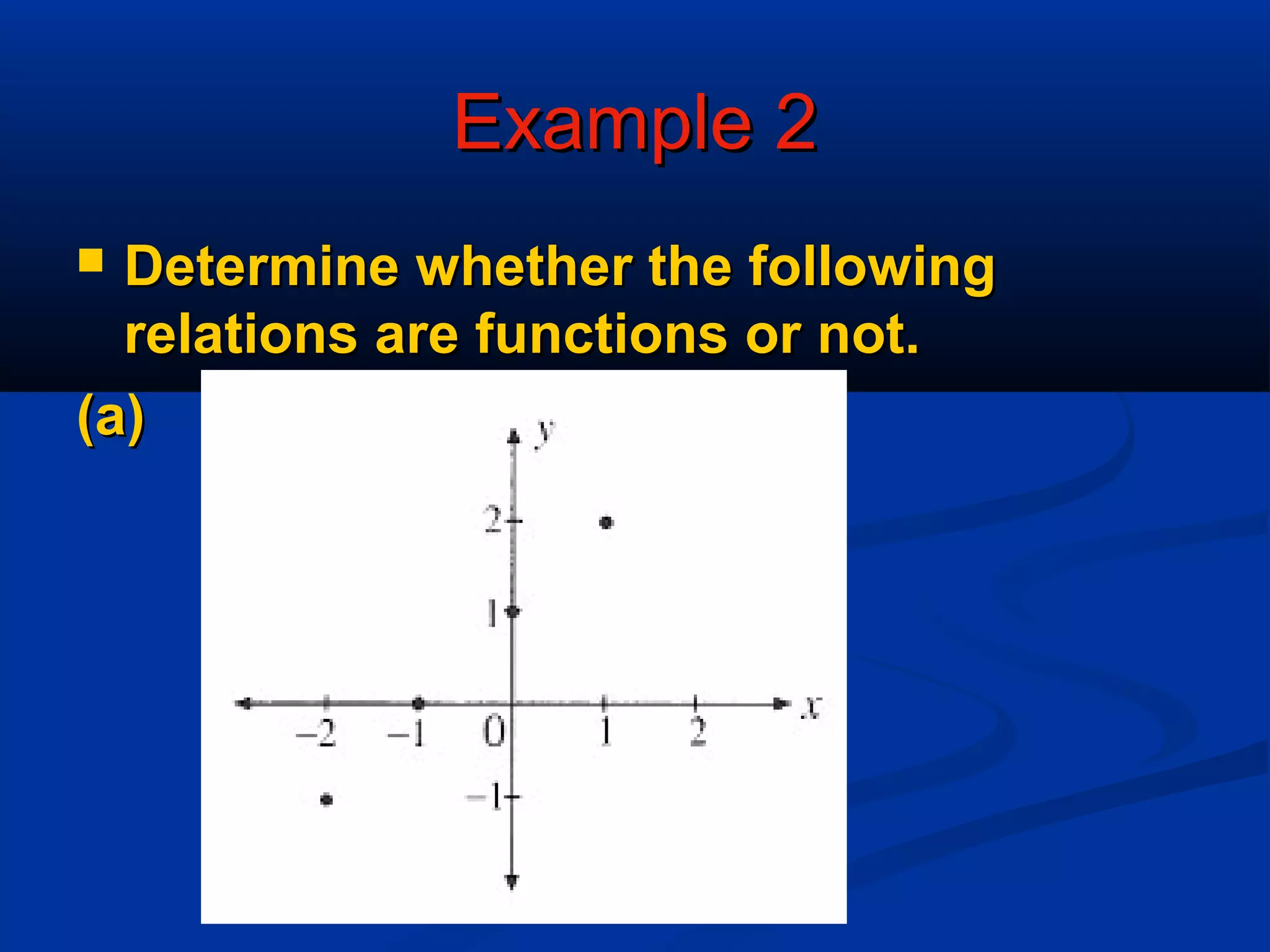 Example 2Example 2
 Determine whether the followingDetermine whether the following
relations are functions or not.relations are functions or not.
(a)(a)
 
