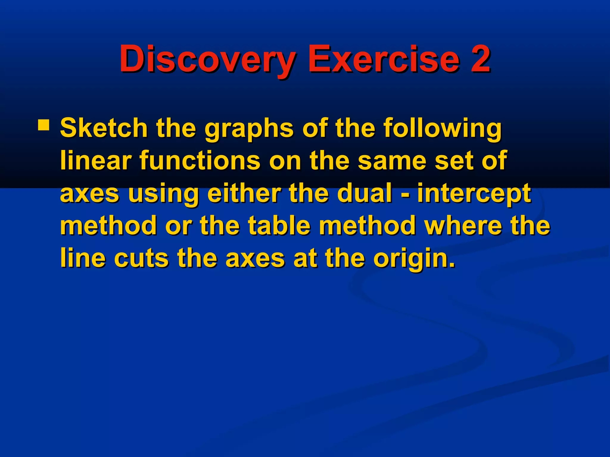 Discovery Exercise 2Discovery Exercise 2
 Sketch the graphs of the followingSketch the graphs of the following
linear functions on the same set oflinear functions on the same set of
axes using either the dual - interceptaxes using either the dual - intercept
method or the table method where themethod or the table method where the
line cuts the axes at the origin.line cuts the axes at the origin.
 