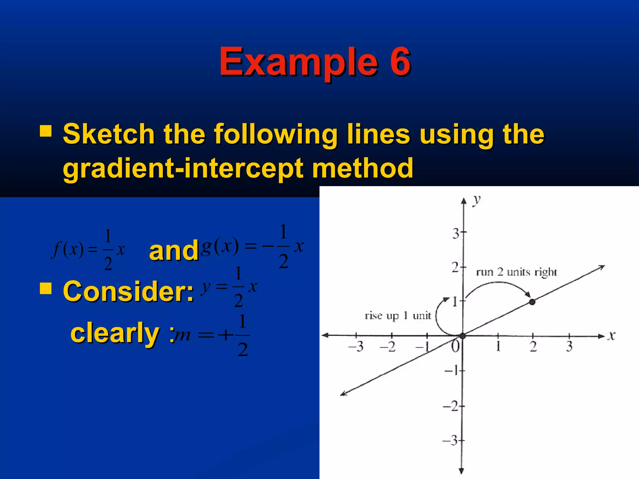 Example 6Example 6
 Sketch the following lines using theSketch the following lines using the
gradient-intercept methodgradient-intercept method
andand
 Consider:Consider:
clearlyclearly ::
xxf
2
1
)( = xxg
2
1
)( −=
2
1
+=m
xy
2
1
=
 
