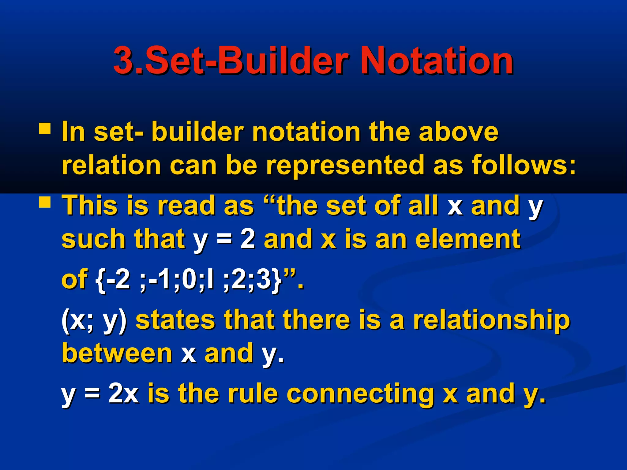 3.Set-Builder Notation3.Set-Builder Notation
 In set- builder notation the aboveIn set- builder notation the above
relation can be represented as follows:relation can be represented as follows:
 This is read as “the set of allThis is read as “the set of all xx andand yy
such thatsuch that y = 2y = 2 and x is an elementand x is an element
ofof {-2 ;-1;0;l ;2;3}{-2 ;-1;0;l ;2;3}”.”.
(x; y)(x; y) states that there is a relationshipstates that there is a relationship
betweenbetween xx andand y.y.
y = 2xy = 2x is the rule connecting x and y.is the rule connecting x and y.
 