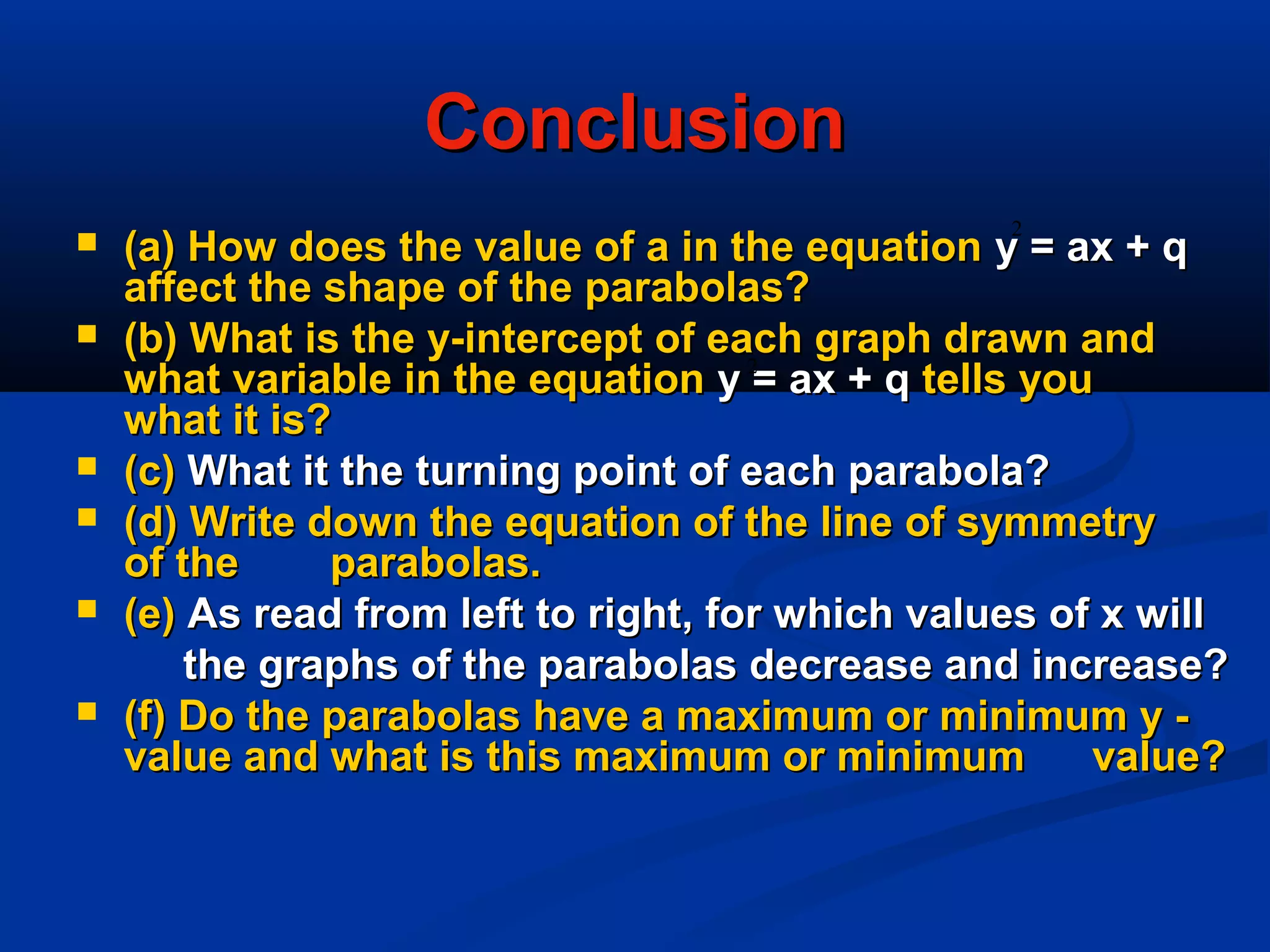 ConclusionConclusion
 (a) How does the value of a in the equation(a) How does the value of a in the equation y = ax + qy = ax + q
affect the shape of the parabolas?affect the shape of the parabolas?
 (b) What is the y-intercept of each graph drawn and(b) What is the y-intercept of each graph drawn and
what variable in the equationwhat variable in the equation y = ax + qy = ax + q tells youtells you
what it is?what it is?
 (c)(c) What it the turning point of each parabola?What it the turning point of each parabola?
 (d) Write down the equation of the line of symmetry(d) Write down the equation of the line of symmetry
of theof the parabolas.parabolas.
 (e)(e) As read from left to right, for which values of x willAs read from left to right, for which values of x will
the graphs of the parabolas decrease and increase?the graphs of the parabolas decrease and increase?
 (f) Do the parabolas have a maximum or minimum y -(f) Do the parabolas have a maximum or minimum y -
value and what is this maximum or minimumvalue and what is this maximum or minimum value?value?
2
2
 