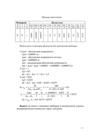 125
Пример выполнения
Измерено Вычислено
m t I ∆иm ∆0m ∆m ∆иt ∆0t ∆t ∆иI ∆0I ∆I eпр ∆е εе
кг с A кг кг кг с с с А А А Кл Кл %
0,2
30
1
0,0001
0,000005
0,000015
1
0,5
1,5
0,05
0,025
0,075
8,3
1,0375
0,125
Используем следующие формулы для заполнения таблицы:
1) ∆иm – абсолютная погрешность
∆иm = 0,00001 кг
∆0m – абсолютная погрешность отсчета
∆0m = 0,000005 кг
∆m – максимальная абсолютная погрешность
∆m = ∆иm + ∆0m = 0,00001 + 0,000005 = 0,000015 кг
2) ∆иt = 1
∆0t = 0,5
∆t = ∆иt + ∆0t = 1 + 0,5 = 1,5
3) ∆иI = 0,05
∆0I = 0,025
∆I = ∆иI + ∆0I = 0,05 + 0,025 = 0,075
4) 3,8
02,64)2,01(
160
)nNm-(m
M
A12
≈
⋅⋅−
=⋅⋅= tIепр
125,0
30
5,1
1
075,0
)2,01(
000015,02
m-m
m2
12
=++
−
⋅
=
∆
+
∆
+
∆
=
t
t
I
I
еε
0375,1175,03,8 ≈⋅=⋅=∆ епрee ε
Вывод: на опыте с помощью приборов и инструментов удалось
экспериментально вычислить заряд электрона.
www.5balls.ru
 