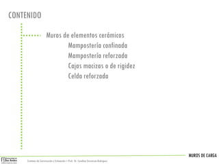 MUROS DE CARGA
Sistemas de Construccióny Estimación – Prof: Dr. Carolina StevensonRodriguez
CONTENIDO
Muros de elementos cerámicos
Mampostería confinada
Mampostería reforzada
Cajas macizas o de rigidez
Celda reforzada
 