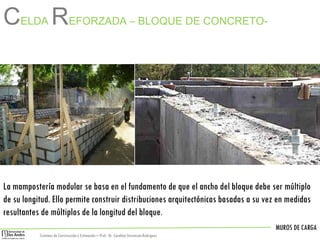 MUROS DE CARGA
Sistemas de Construccióny Estimación – Prof: Dr. Carolina StevensonRodriguez
CELDA REFORZADA – BLOQUE DE CONCRETO-
La mampostería modular se basa en el fundamento de que el ancho del bloque debe ser múltiplo
de su longitud. Ello permite construir distribuciones arquitectónicas basadas a su vez en medidas
resultantes de múltiplos de la longitud del bloque.
 